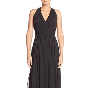 Dessy Collection Ruched Chiffon V-Neck Halter Gown